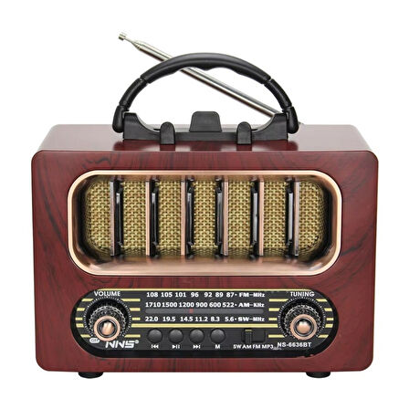 Orta Boy Retro Ahşap Tasarım Bluetooth Hoparlörlü Radyo – FM/AM Destekli, Şarjlı ve Taşınabiliri Radyo NS-6636 (5224) AZ-522489AG70YT0070