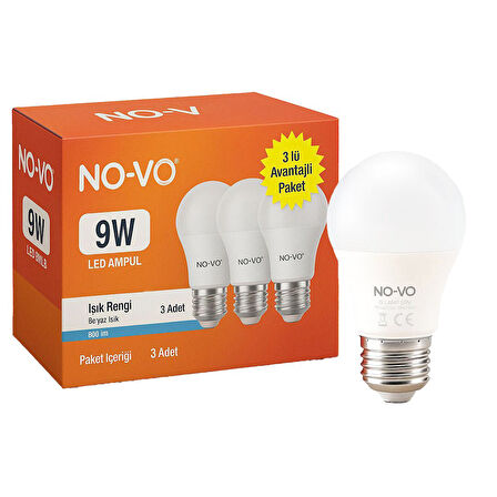 NO-VO 3LÜ AVANTAJ PAKET 9W BEYAZ LED AMPUL E27 806LM 6500K 15.000 SAAT ÖMÜR (5224)