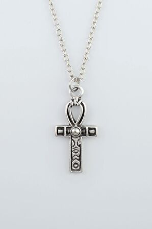 Ankh Anahtarı - Nil'in Anahtarı Erkek Kadın Kolye Antik Gümüş Kaplama - 60 cm Düz Zincir