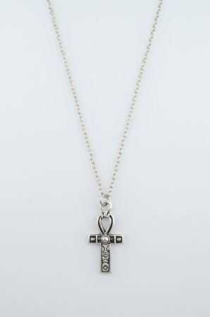 Ankh Anahtarı - Nil'in Anahtarı Erkek Kadın Kolye Antik Gümüş Kaplama - 60 cm Düz Zincir