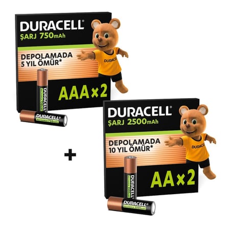 DURACELL ŞARJ EDİLEBİLİR AAA İnce Kalem Pil (2'li Paket) – 750 mAh & DURACELL ŞARJ EDİLEBİLİR AA Kalem Pil (2'li Paket) – 2500 mAh