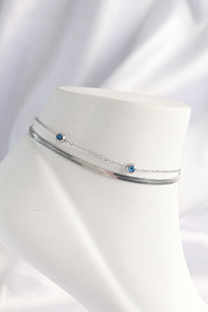 316L Çelik Gümüş Renk Nazar Boncuk Tasarımlı 2li Halhal