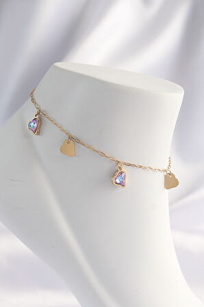 316L Çelik Gold Renk Minimal Renkli Zirkon Taşlı Kalp Halhal