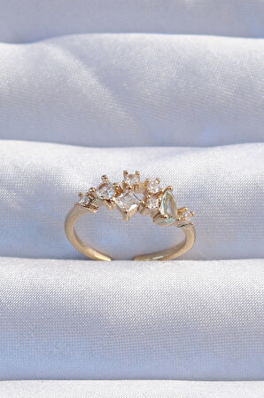 Pirinç Gold Renk Zirkon Taşlı Damla Detay Ayarlanabilir Yüzük