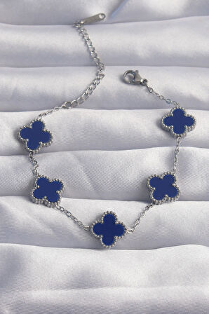 316L Çelik Gümüş Renk Mavi Mineli Yonca Bileklik