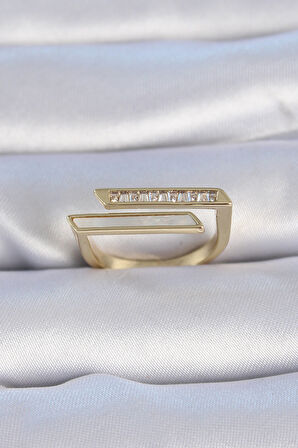 Pirinç Gold Renk Zirkon Taşlı Beyaz Sedef Detay Kadın Yüzük