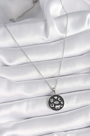 316L Çelik Gümüş Renk Siyah Renk Şans Kolyesi