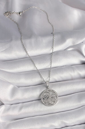 316L Çelik Gümüş Renk Zincir Zirkon Taşlı Lotus Model Kadın Kolye