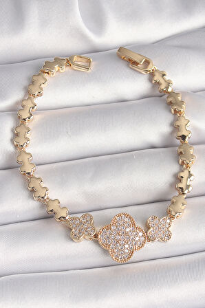 Pirinç Gold Renk Zirkon Taşlı Yonca Model Zincir Kadın Bileklik