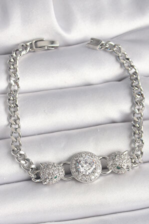 Pirinç Gümüş Renk Zirkon Taşlı Leopar Figür Zincir Model Kadın Bileklik