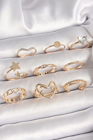 Pirinç Gold Renk Zirkon Taş Detaylı Kalp Yıldız Figür Kadın Yüzük Kombini