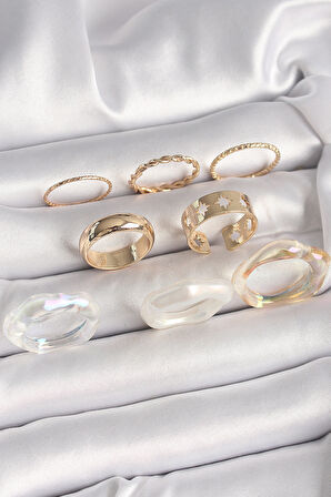 Pirinç Gold Renk Beyaz Akrilik Plastik Modek Kutup Yıldız İşleme Detay Kadın Yüzük Kombini