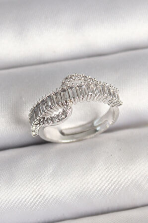 Pirinç Gümüş Renk Su Yolu Zirkon Taşlı Ayarlanabilir Model Kadın Yüzük