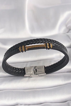 316L Çelik Gold Renk ZikZak İşlemeli Aksesuarlı Çift Sıra Burgu Desenli Deri Kordon Erkek Bileklik