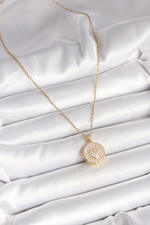 316L Çelik Gold Renk Zincir Madalyon Zirkon Taşlı Kalp Model Kadın Kolye