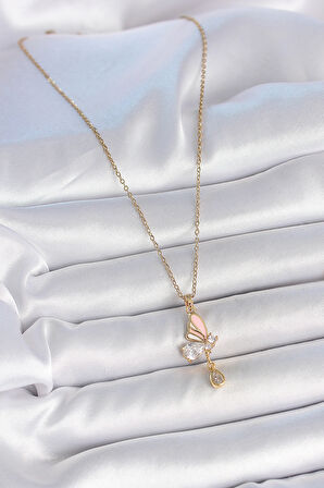 316L Çelik Gold Renk Zincir Damla Zirkon Taşlı Kelebek Model Sallantı Detay Kadın Kolye