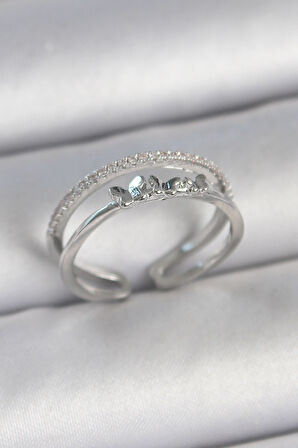 Pirinç Gümüş Renk 2'Li Zirkon Taş Detaylı Kelebek Figür Ayarlanabilir Model Kadın Yüzük