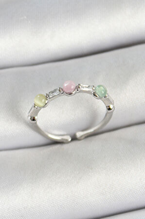 Pirinç Sıralı Boncuk Figürlü Zirkon Taşlı Gümüş Renk Ayarlanabilir Kadın Yüzük