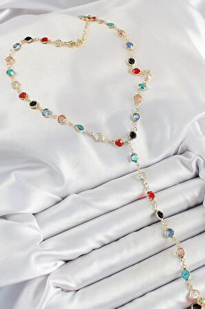 Pirinç Asorti Model Gold Renk Zirkon Taşlı Y Kolye