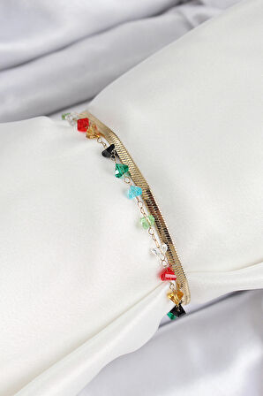 316L Çelik Gold Renk Kristal Karışık Renkli Taşlı 2'li Kadın Bileklik