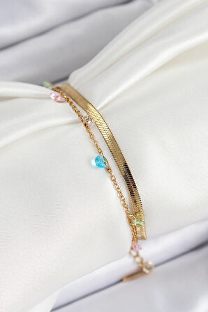 316L Çelik Gold Renk Karışık Renkli Kristal Taşlı 2'li Kadın Bileklik