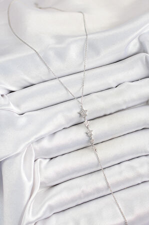 Pirinç Zirkon Taşlı Sıralı Yıldız Figürlü Y Model Gümüş Renk Kadın Kolye