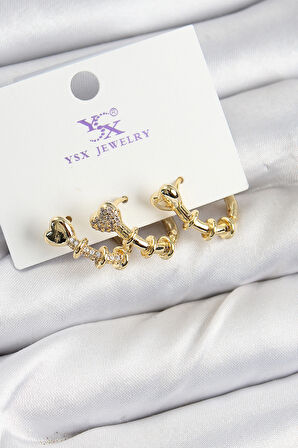 Pirinç Zİrkon Taşlı Kalp Model Gold Renk 3'lü Kadın Küpe