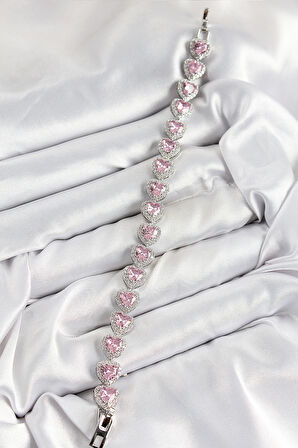 Pirinç Zirkon Taşlı Pembe Kalp Baget Model Gümüş Renk VIP Seri Kadın Bileklik