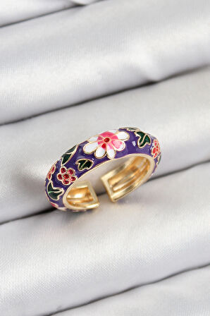 Pirinç Mor Mineli Çiçek Motifli Gold Renk Ayarlanabilir Kadın Yüzük