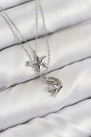 Pirinç Zirkon Taşlı Yıldız Ve Ay Model Gümüş Renk Kadın Kolye