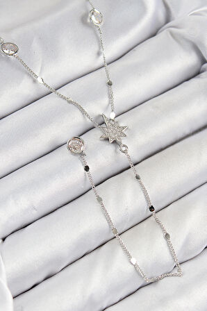 Pirinç Zirkon Taşlı Kutup Yıldızı Model Gümüş Renk Y Kolye