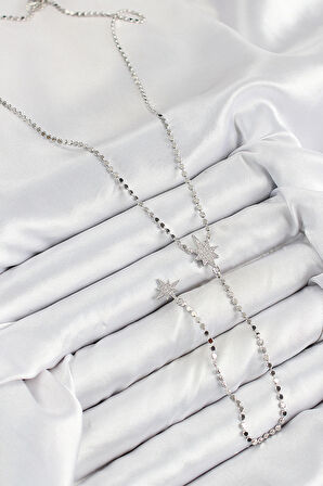 Pirinç Zirkon Taşlı Ezme Zincirli Kutup Yıldızı Model Gümüş Renk Y Kolye