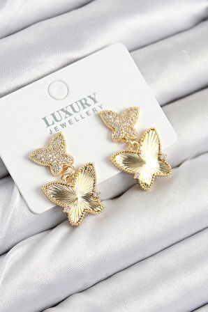 Pirinç Zirkon Taşlı Kelebek Model Gold Renk Kadın Küpe