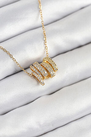 316L Çelik Zirkon Taşlı Sarmal Model Gold Renk Kadın Kolye