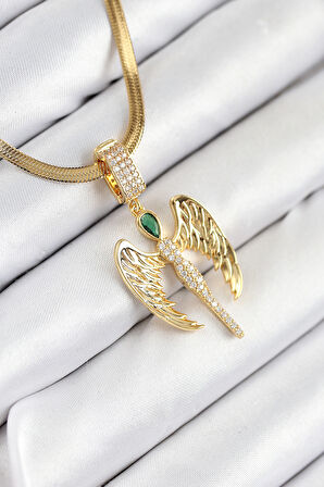 316L Çelik Zirkon Taşlı Melek Model Gold Renk Kadın Kolye