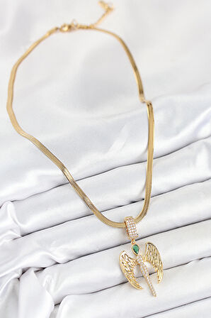 316L Çelik Zirkon Taşlı Melek Model Gold Renk Kadın Kolye