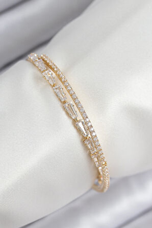 Pirinç Zirkon Taşlı Su Yolu Model Gold Renk Kadın Bileklik