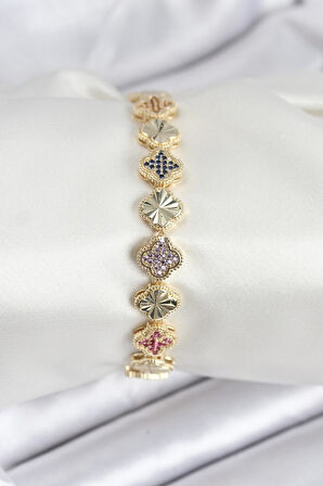 Pirinç VIP Seri Yonca Zirkon Taşlı Kadın Bileklik