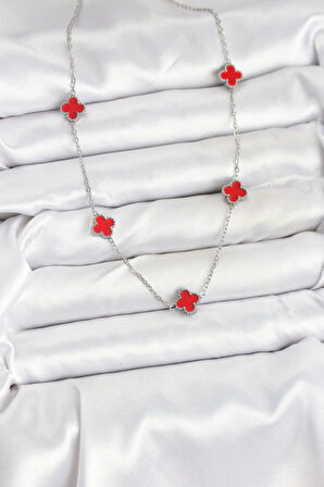 316L Çelik Zincir Gümüş Renk Kırmızı Baby Boy Yonca Kadın Kolye