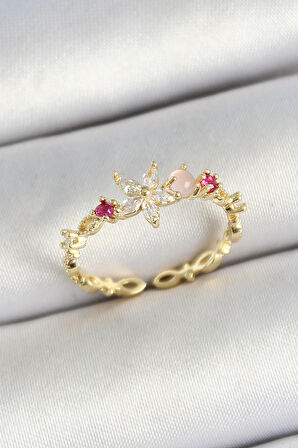 Pirinç Papatya Figürlü Zirkon Taşlı Gold Renk Ayarlanabilir Kadın Yüzük