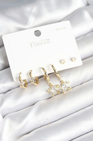 Pirinç Gold Renk Yıldız Model 925 Gümüş Çivili Kadın Küpe Seti