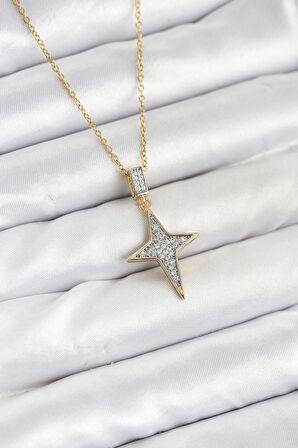 316L Çelik Zincir Gold Renk Kutup Yıldızı Model Zirkon Taşlı Kadın Kolye EB-BKO10610