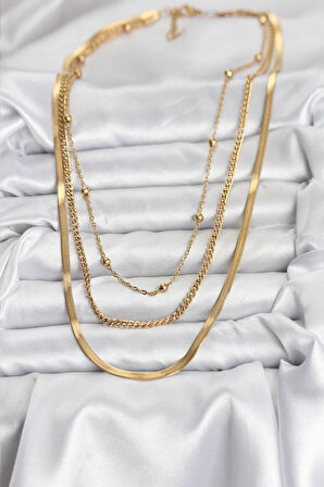 316L Çelik Gold Renk 3'lü Kadın Kolye EB-BKO10630