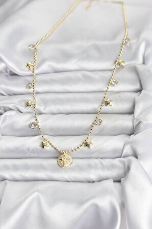 Pirinç Gold Renk Zirkon Taşlı Kutup Yıldızı Model Kadın Kolye EB-BKO10647