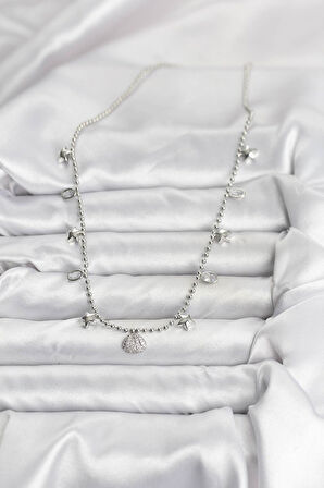 Pirinç Gümüş Renk Zirkon Taşlı Deniz Kabuğu Model Kadın Kolye EB-BKO10656