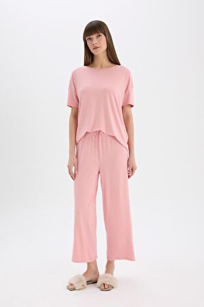 DeFacto Pijama Takımı Kısa Kollu Üst Esnek Belli Geniş Paça Altı-Fall in Love D8454AX25SPBR80