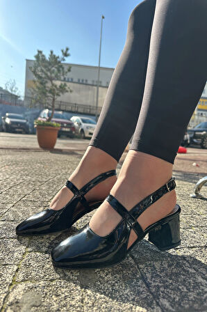 Günlük Kadın Siyah Rugan Klasik Kalın Topuklu Ayakkabı Arkası Açık Baret Kare Burunlu Abiye 108