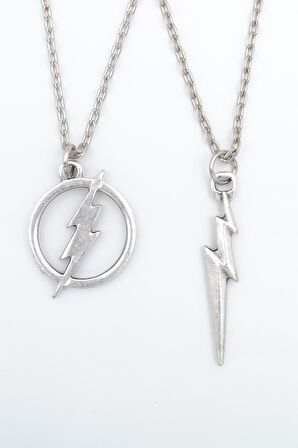 2'li The Flash - Şimşek Erkek Kadın Kolye Seti 925 Ayar Gümüş Kaplama