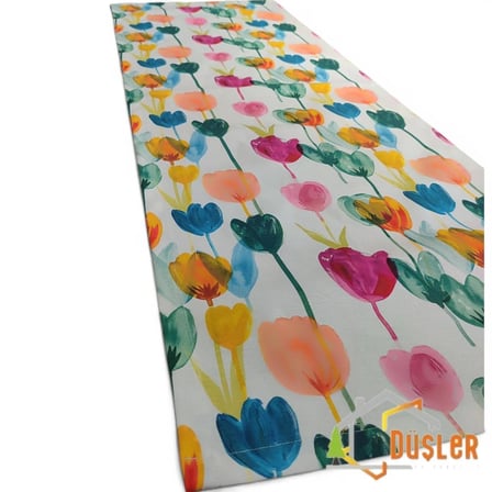 Düşler Ev Tekstili 50x180 Rengarenk Lale Desenli Su ve Leke İtici Duck Kumaş Yemek Masası Örtüsü Dikdörtgen Runner 