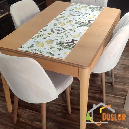 Düşler Ev Tekstili 50x150 Zeytin Ağacı Desenli Su ve Leke İtici Duck Kumaş Yemek Masası Örtüsü Dikdörtgen Runner 